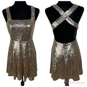 Charlotte Russe Gold Sequin Skater Dress open back Fit and Flare Size Medium